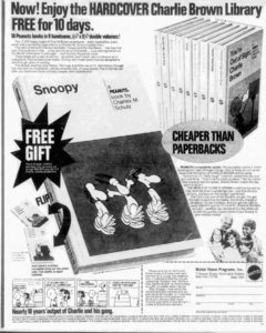 Ad headlined "Now! Enjoy the HARDCOVER Charlie Brown Library FREE for 10 days."