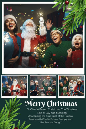 Cover to "A Charlie Brown Christmas: The Timeless Tale of Joy and Meaning": Unwrapping the True Spirit of the Holiday Season with Charlie Brown, Snoopy, and the Peanuts Gang" featuring four photographs of a group of people celebrating Christmas.
